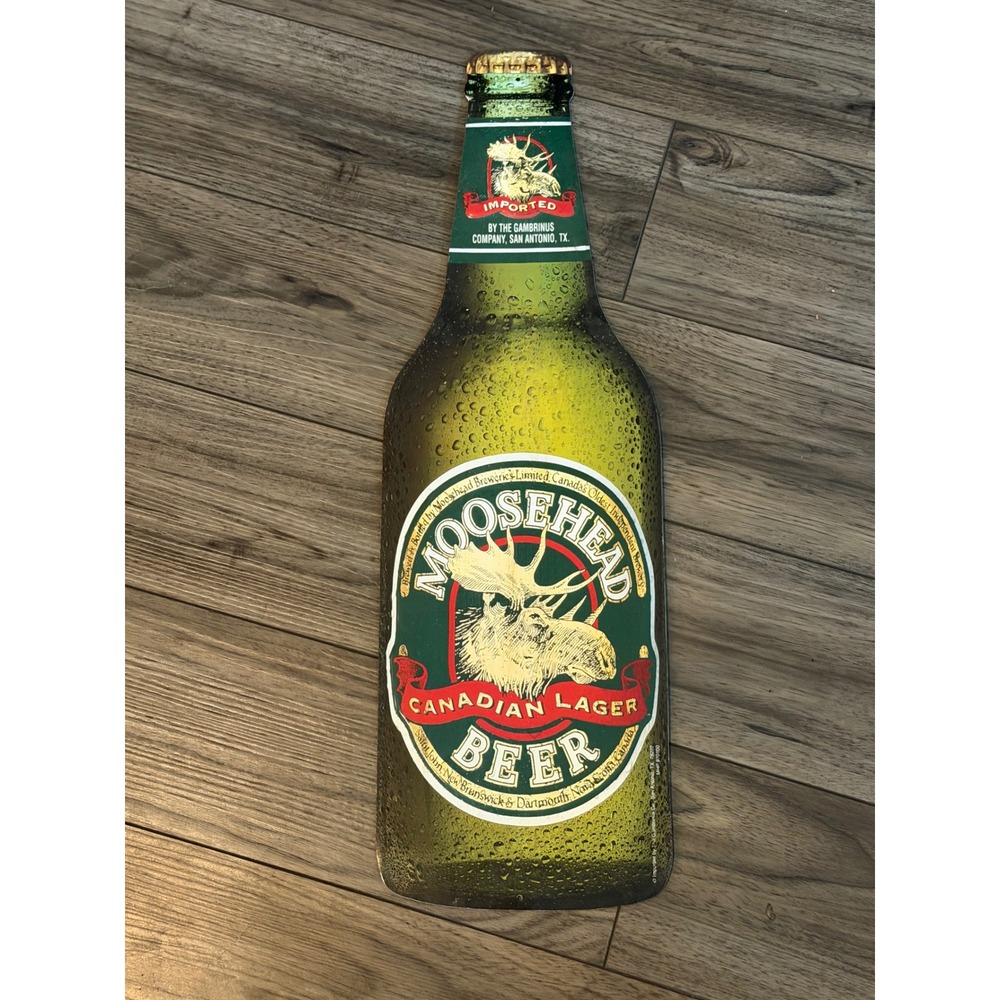 Vintage Moosehead Beer Tin Tacker Sign - Green Bottle Shape Canadian Lager